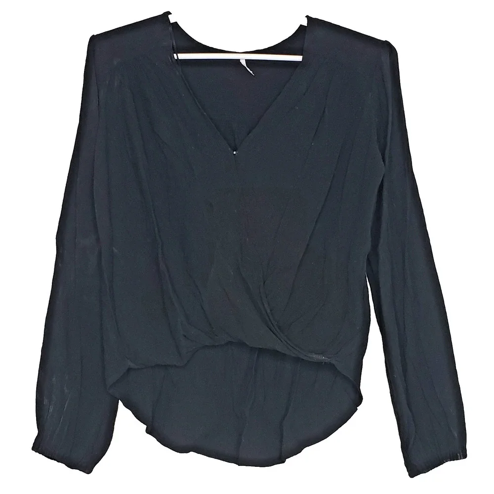 Free People Boho Top Womens Size‎ Small Black Long Puff Sleeve V-Neck High Low